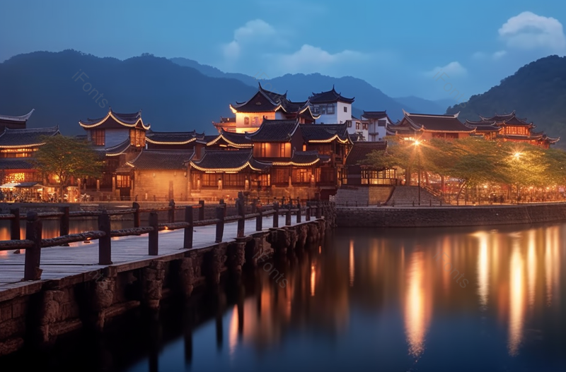 湖边的古镇夜景,高清,摄影图,摄影图片,图片大全,摄影图免费下载